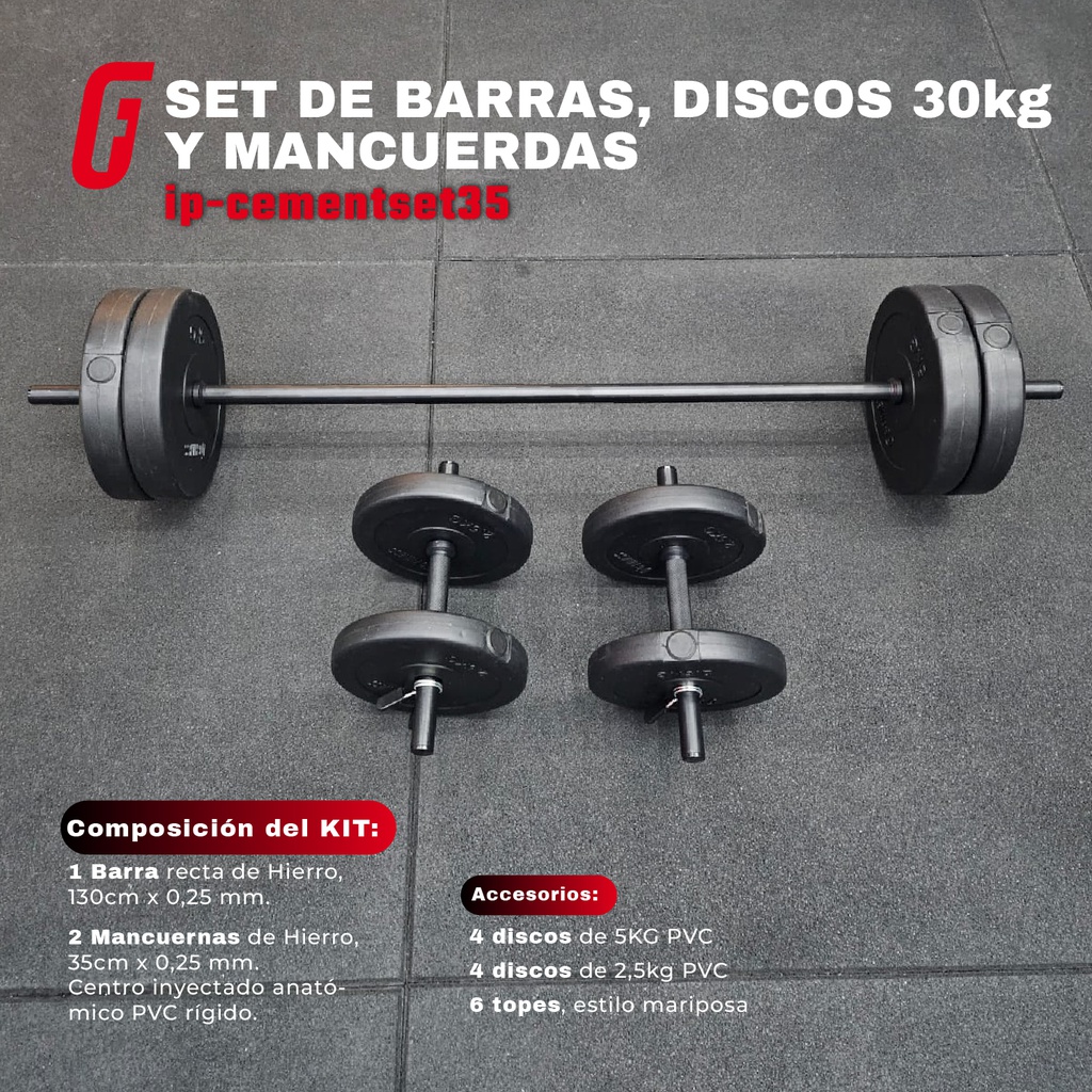 Set de Barra, Mancuernas y Discos 30KG