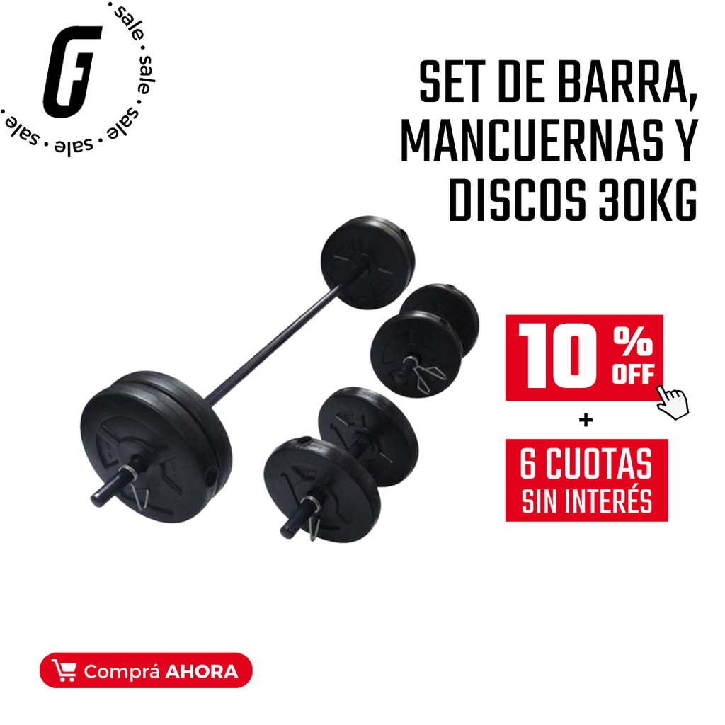 Set de Barra, Mancuernas y Discos 30KG