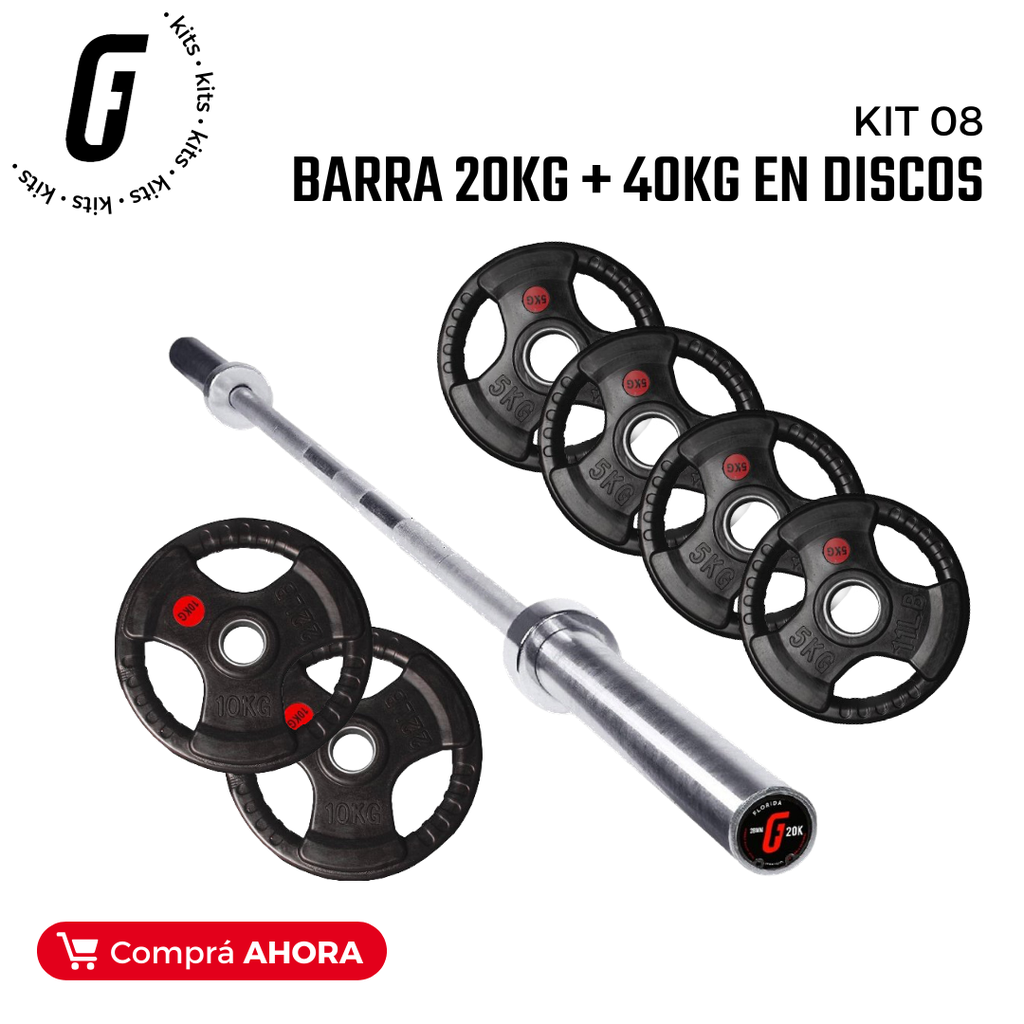 Kit 08: Barra Olimpica 20kg + 60kg en Discos  G-fitness Lideres en  Equipamiento de GYM - Gfitness Argentina